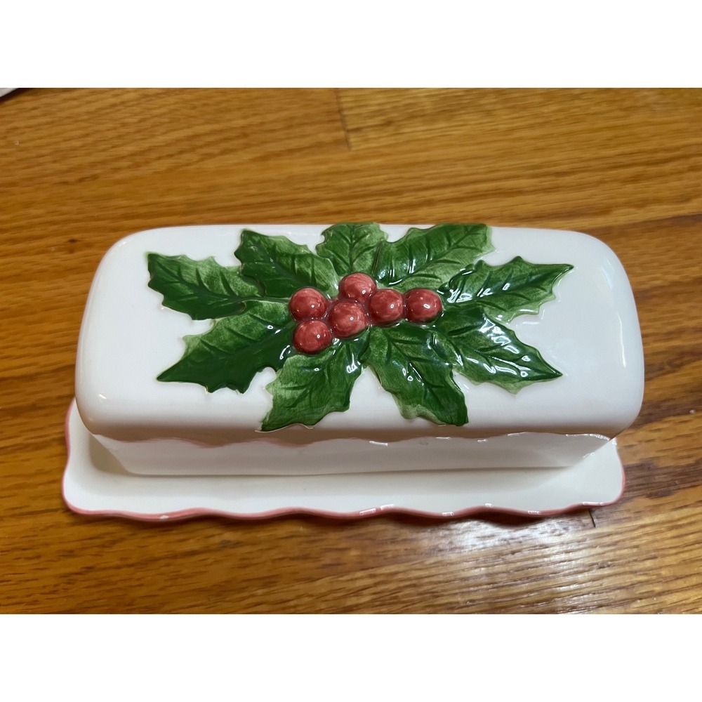 Vtg Mary Ann Baker Christmas Holly Berry Ceramic Butter Dish Scalloped Tray